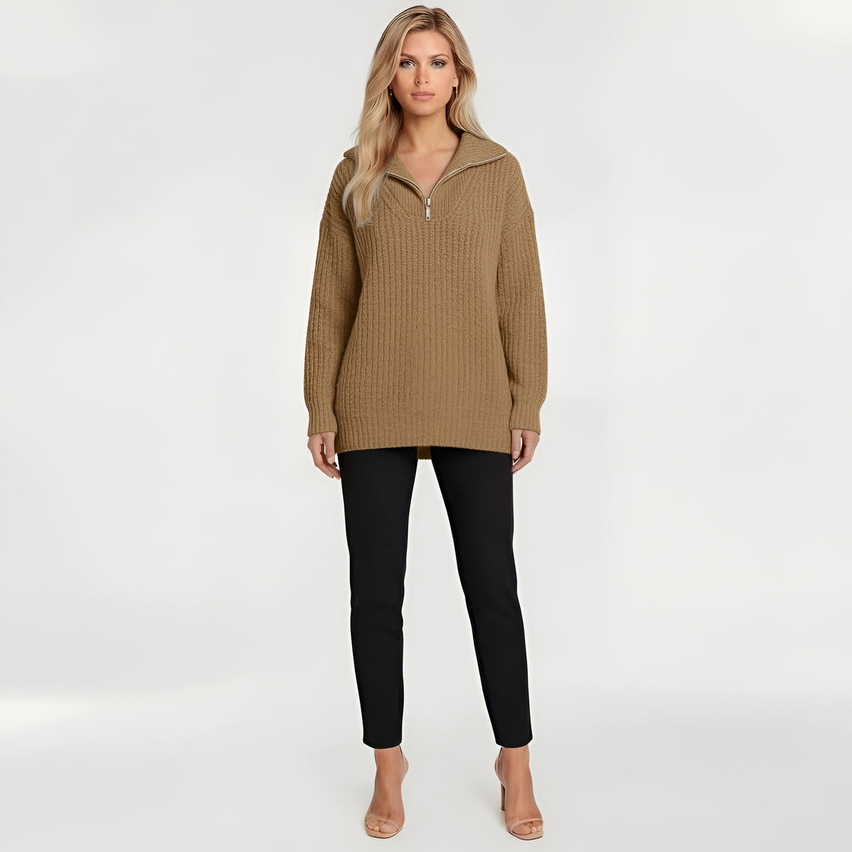 Maglione lungo donna con zip colletto alto maglia oversize casual a coste