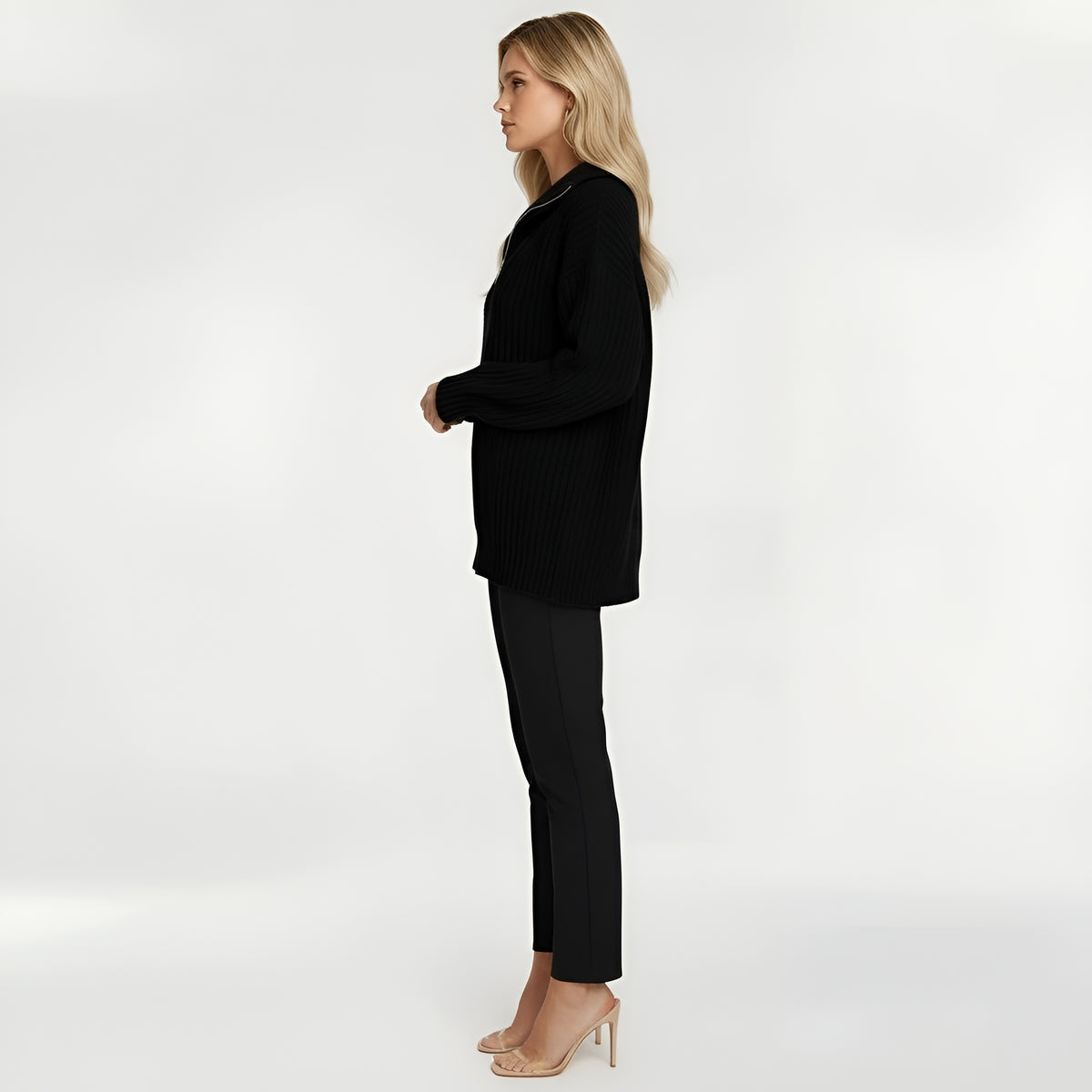 Maglione lungo donna con zip colletto alto maglia oversize casual a coste