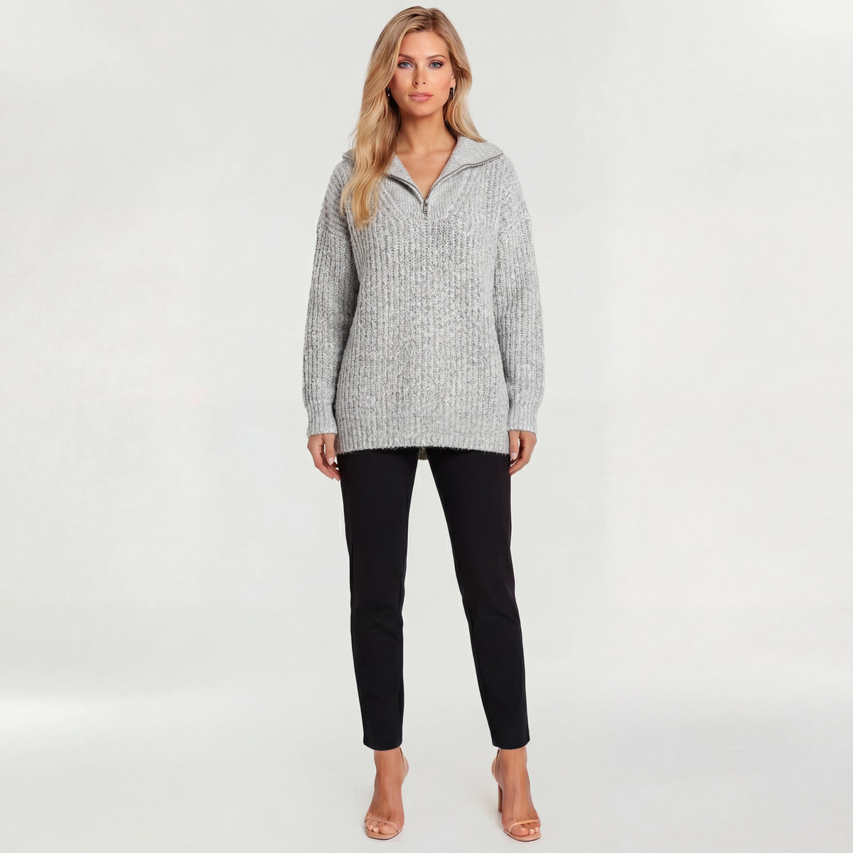 Maglione lungo donna con zip colletto alto maglia oversize casual a coste
