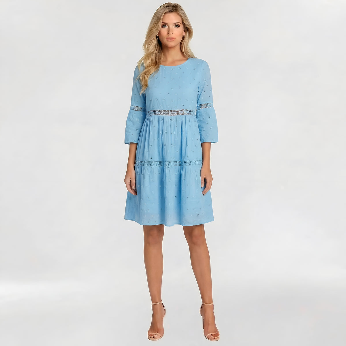 Vestito donna midi cotone maniche 3/4 ricamo sangallo casual estivo elegante