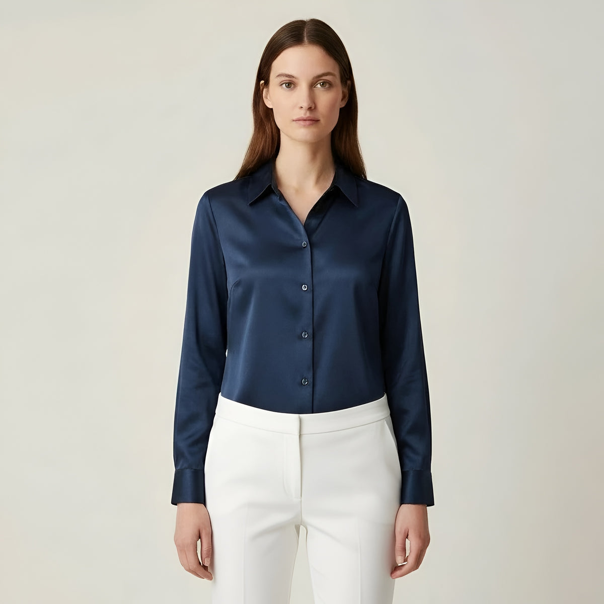 Camicia donna in raso con bottoni maniche lunghe camicetta elegante ufficio donna
