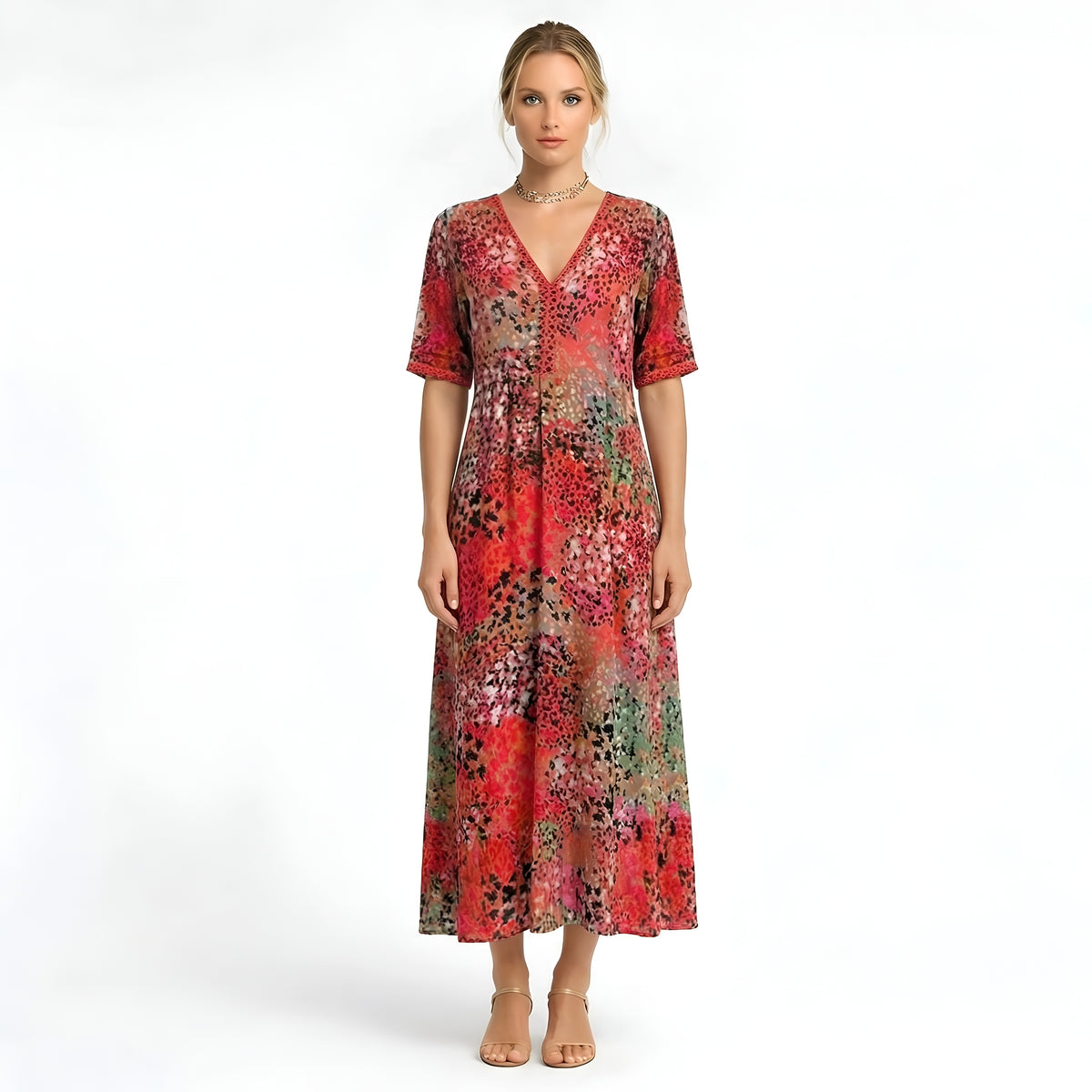 Vestito Lungo Donna Stampa Floreale Scollo a V Abito Estivo Maniche Corte Midi