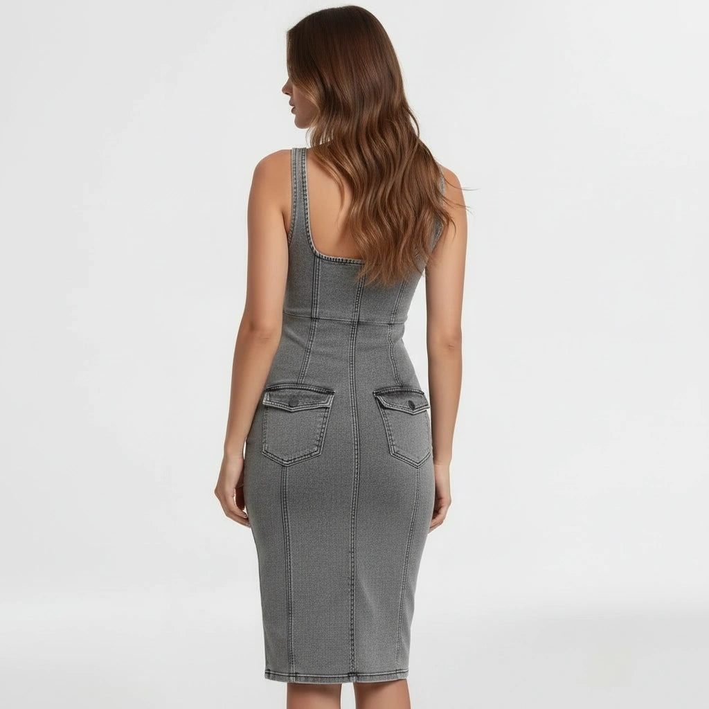 Vestito aderente donna in denim midi con spacco e zip frontale stile bodycon