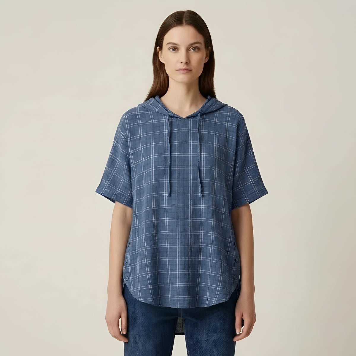 Blusa Donna Oversize in Cotone Maniche Corte Tunica Casual Larga con Bottoni