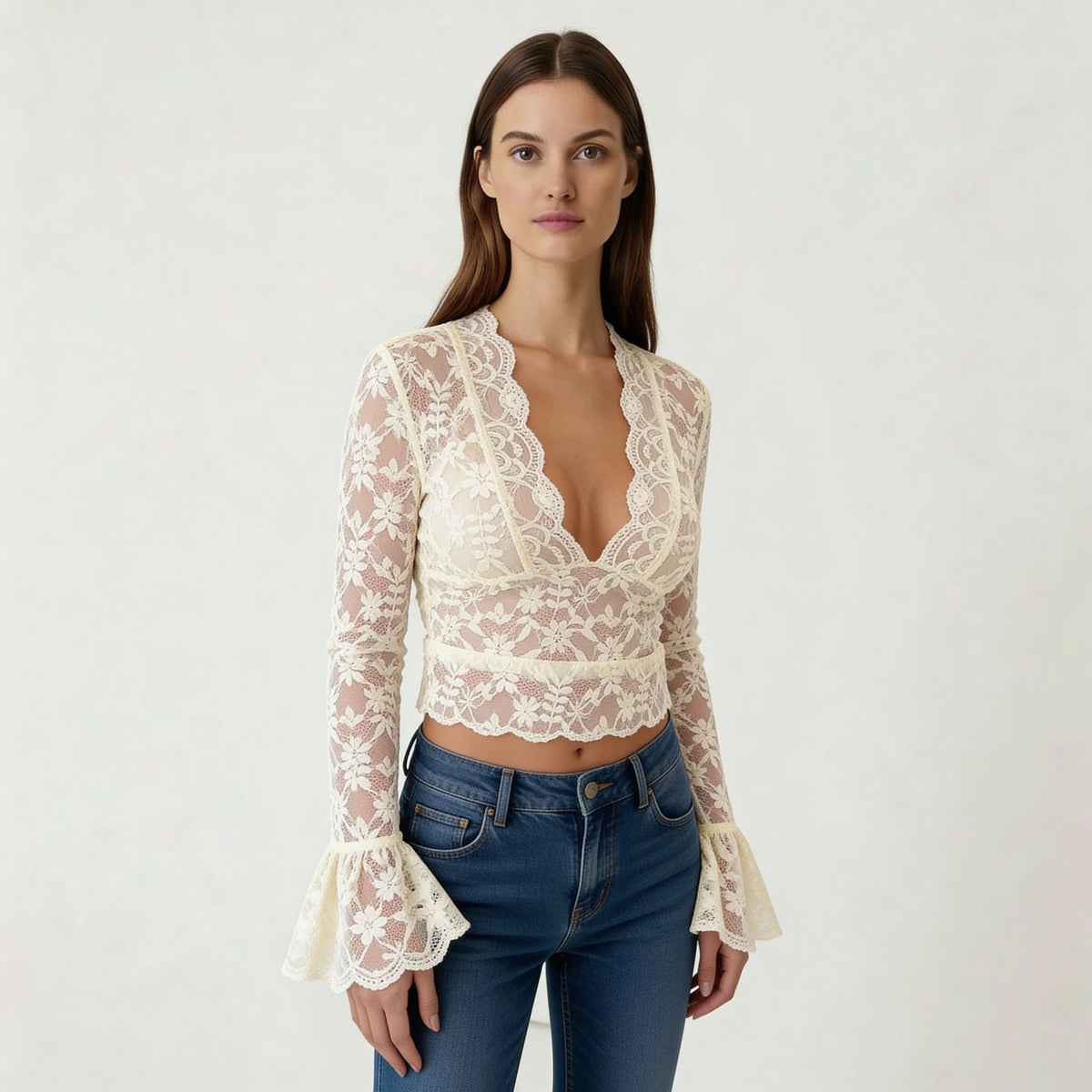 Blusa Donna in Pizzo Scollo a V Maniche Lunghe Top Elegante Slim Fit Casual
