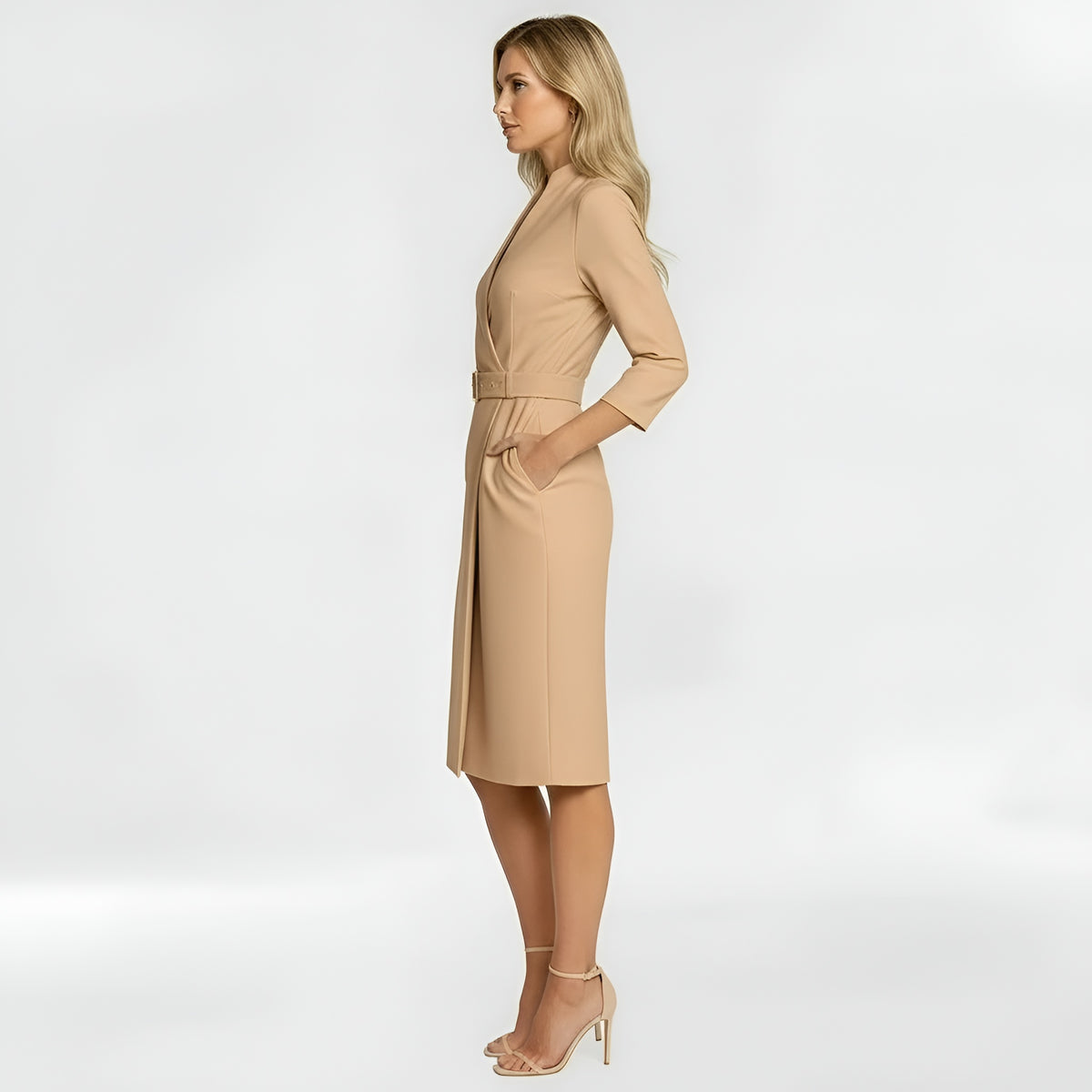 Vestito midi donna elegante con cintura e maniche lunghe, abito aderente formale