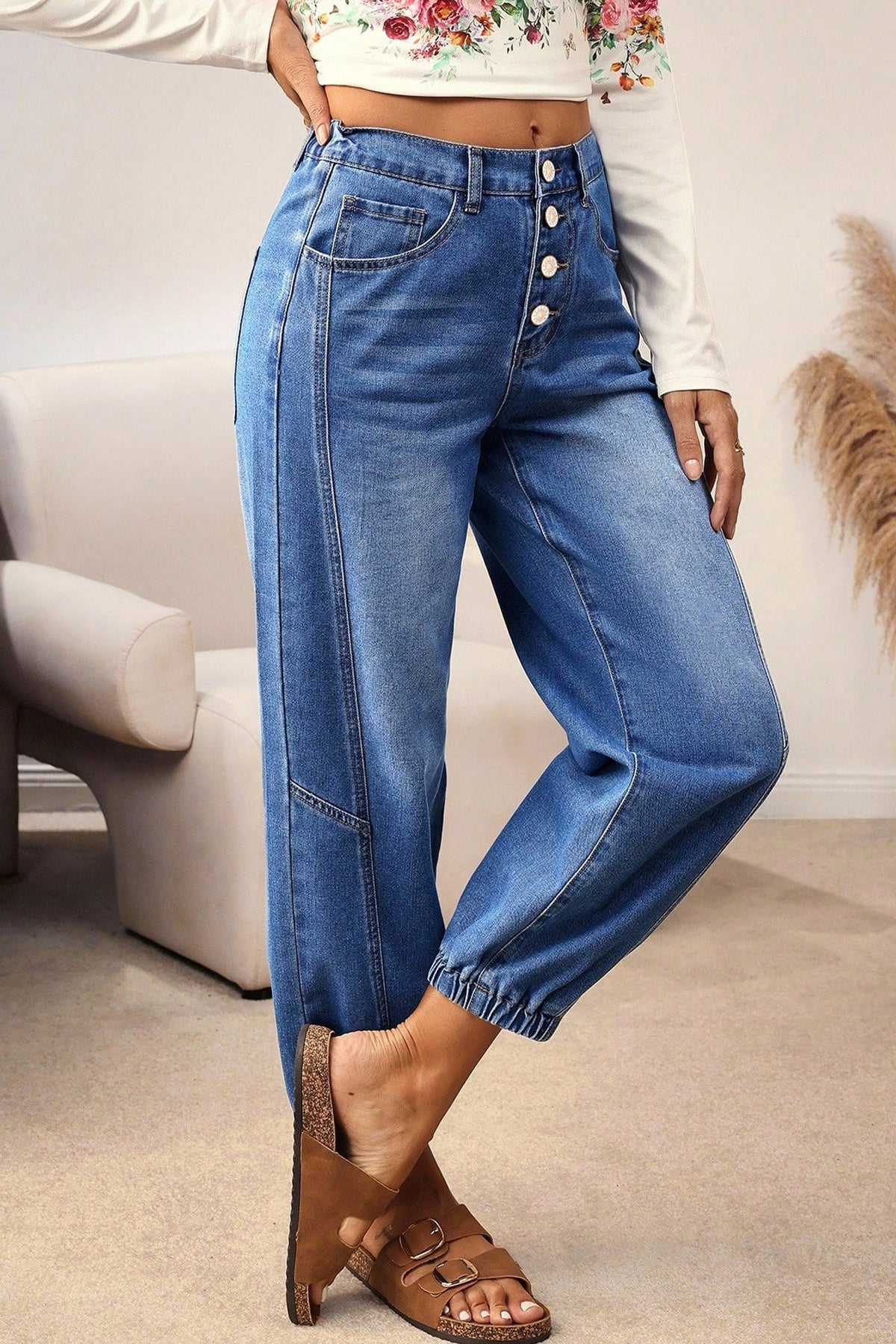 Jeans Casual Blu con 4 Bottoni e Taglio Conico