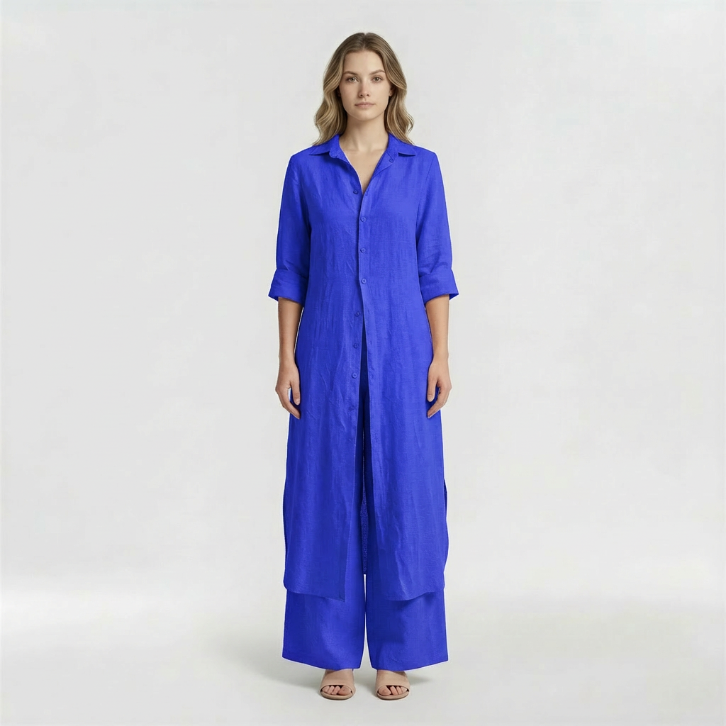 Completo Donna 2 Pezzi Camicia Lunga e Pantaloni in Cotone Set Casual Elegante