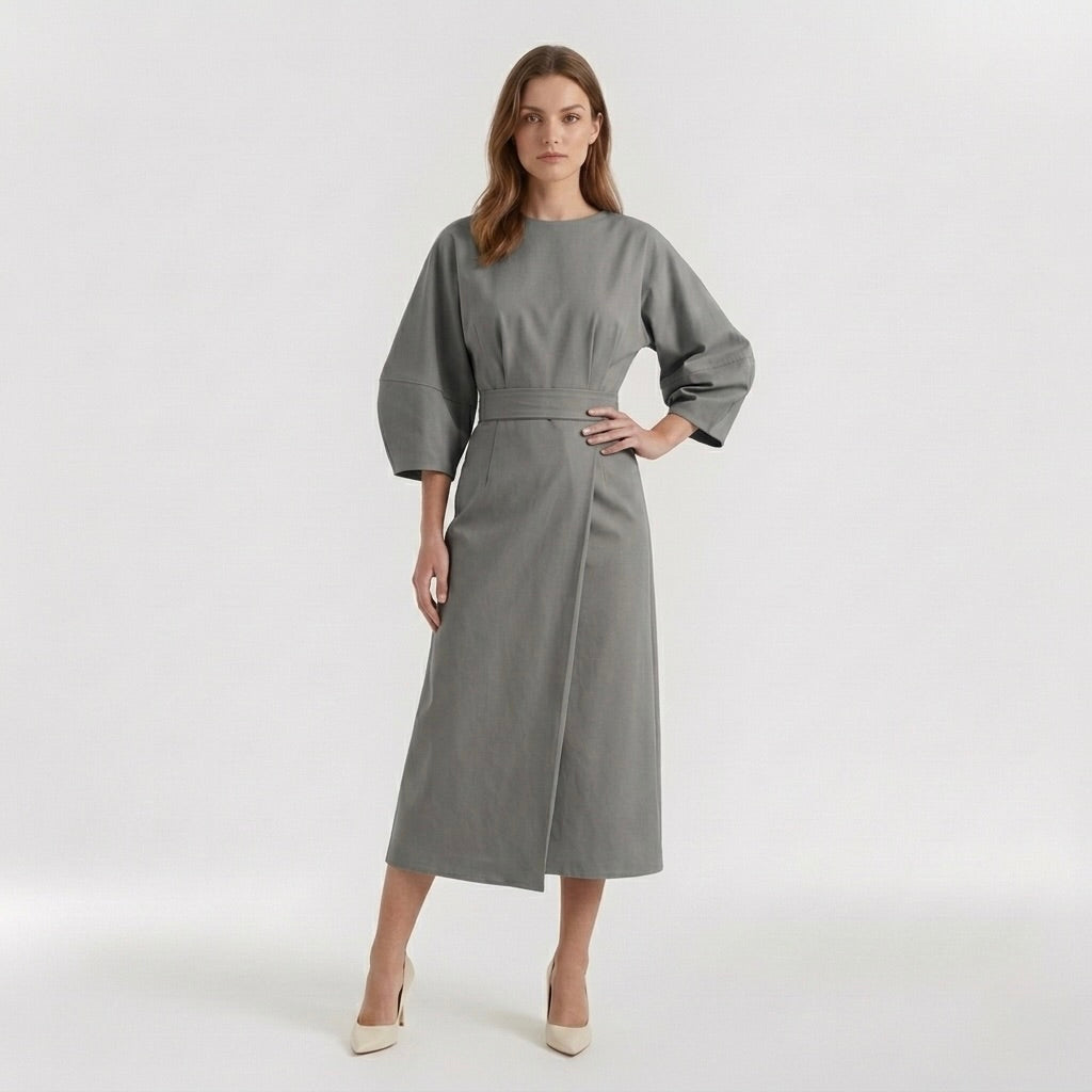 Abito Midi Elegante da Donna a Maniche Lunghe – Vestito Casual Chic con Cintura
