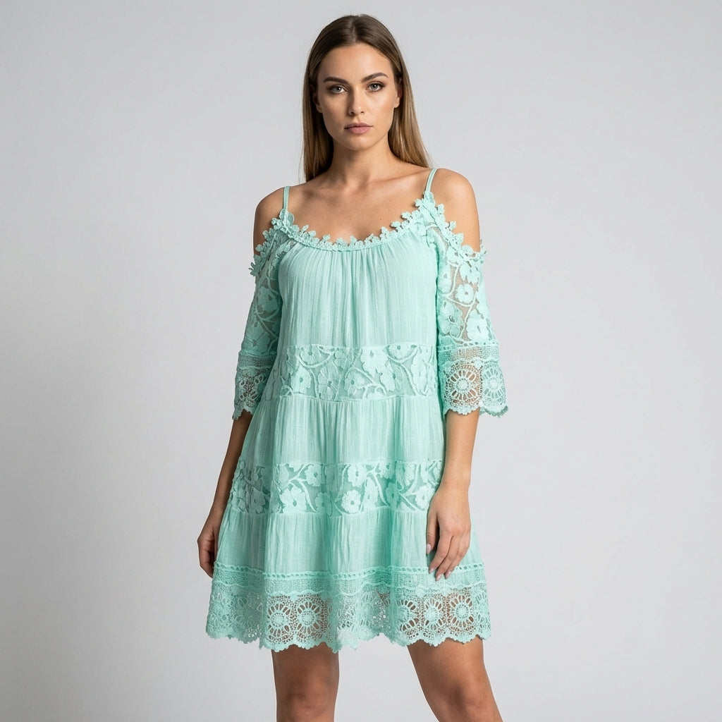Vestito Mini Estivo con Pizzo all'Uncinetto e Ricami