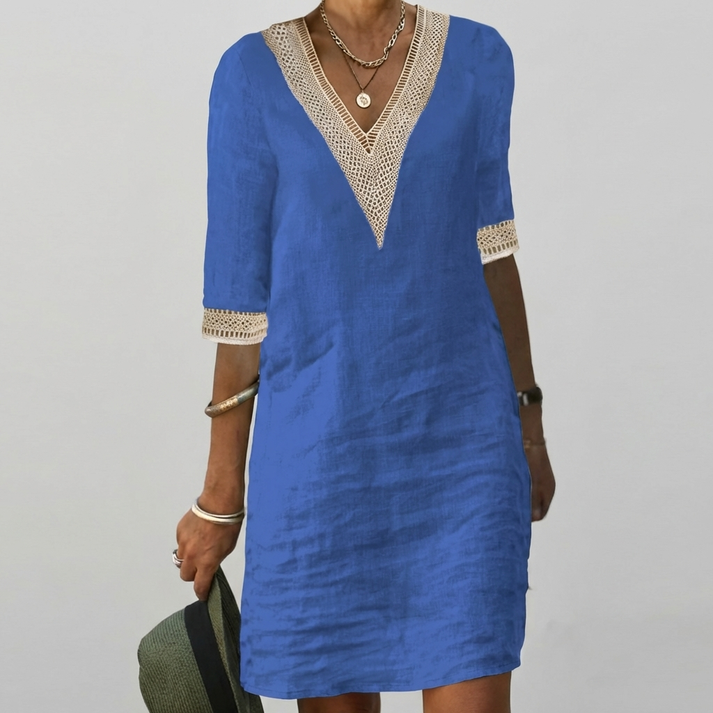 Abito Casual in Misto Lino con Scollo a V e Bordi in Pizzo
