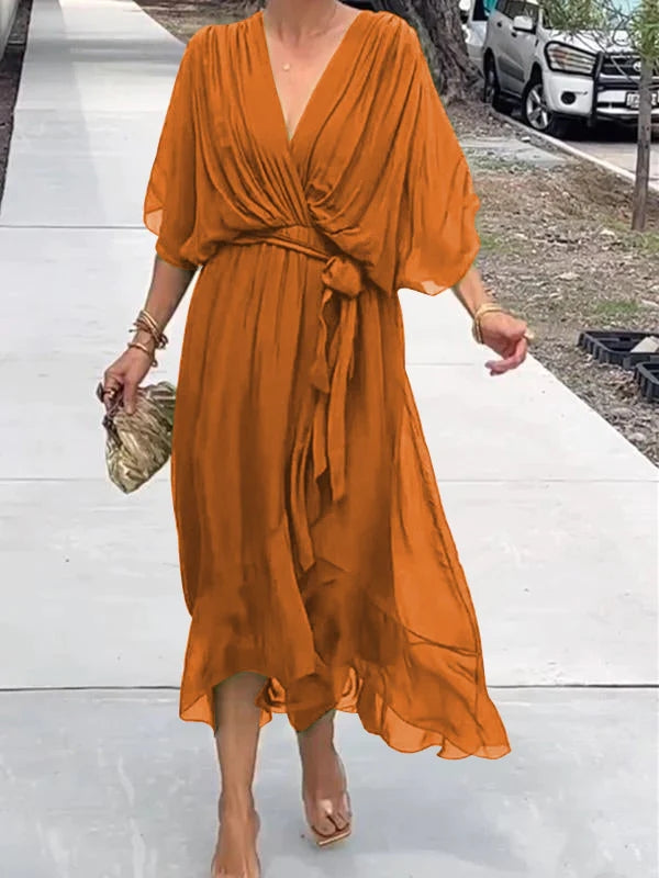 Vestito Estivo da Donna in Chiffon con Cintura e Scollo a V