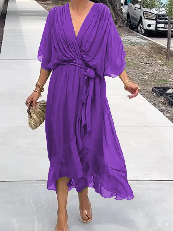 Vestito Estivo da Donna in Chiffon con Cintura e Scollo a V