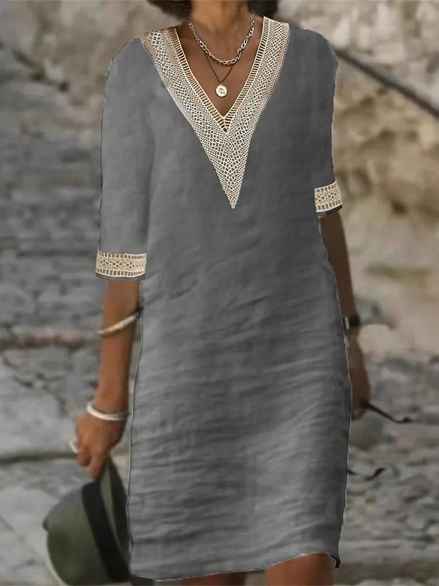 Abito Casual in Misto Lino con Scollo a V e Bordi in Pizzo