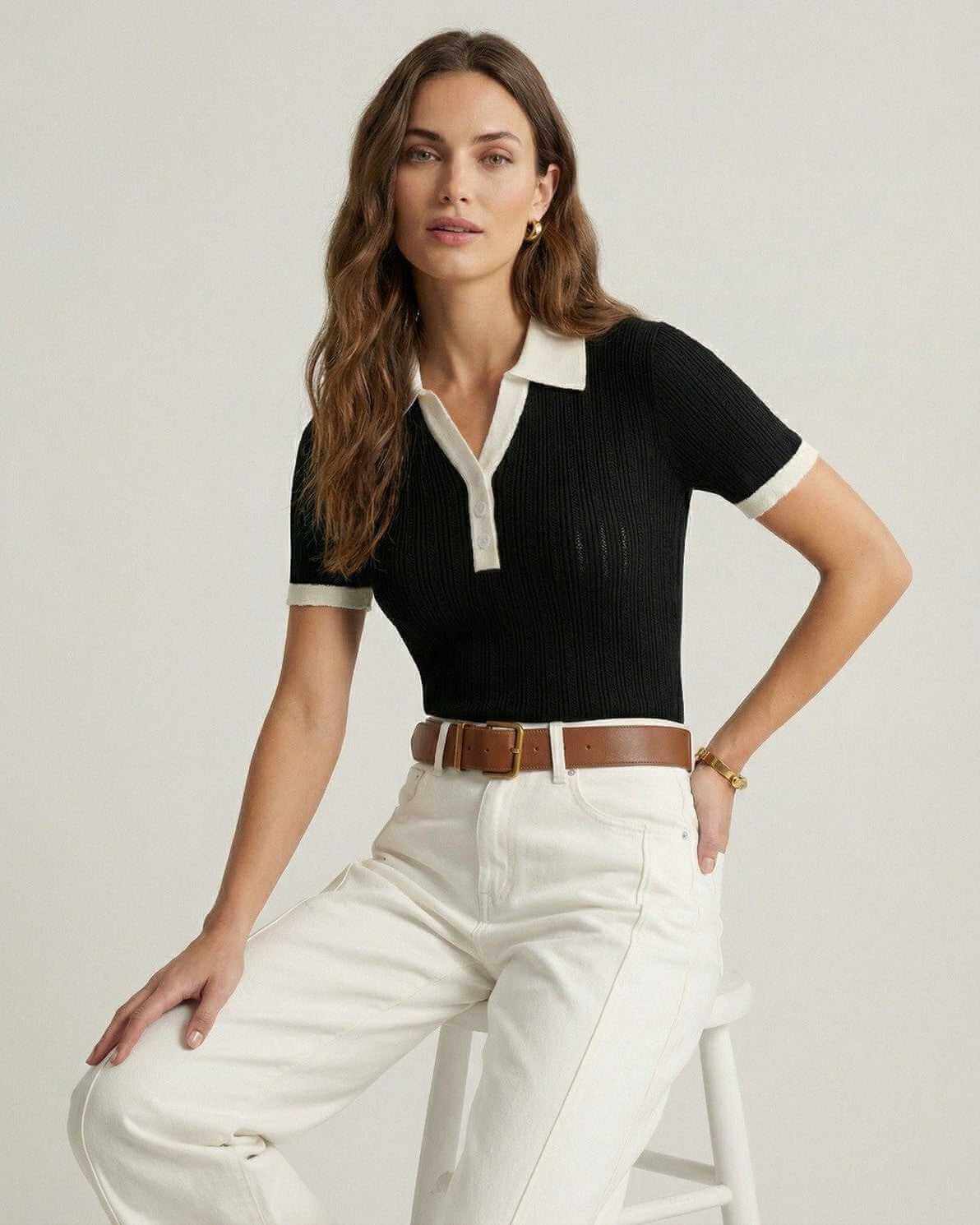 Siena Polo Shirt by Lauven - Women’s black polo shirt in soft cotton knit with classic contrast trim.