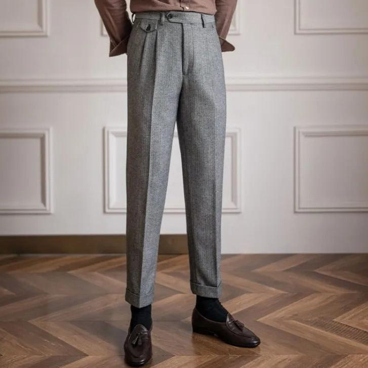 Elegante Pantalone Uomo Vita Alta Doppia Piega Gamba Dritta
