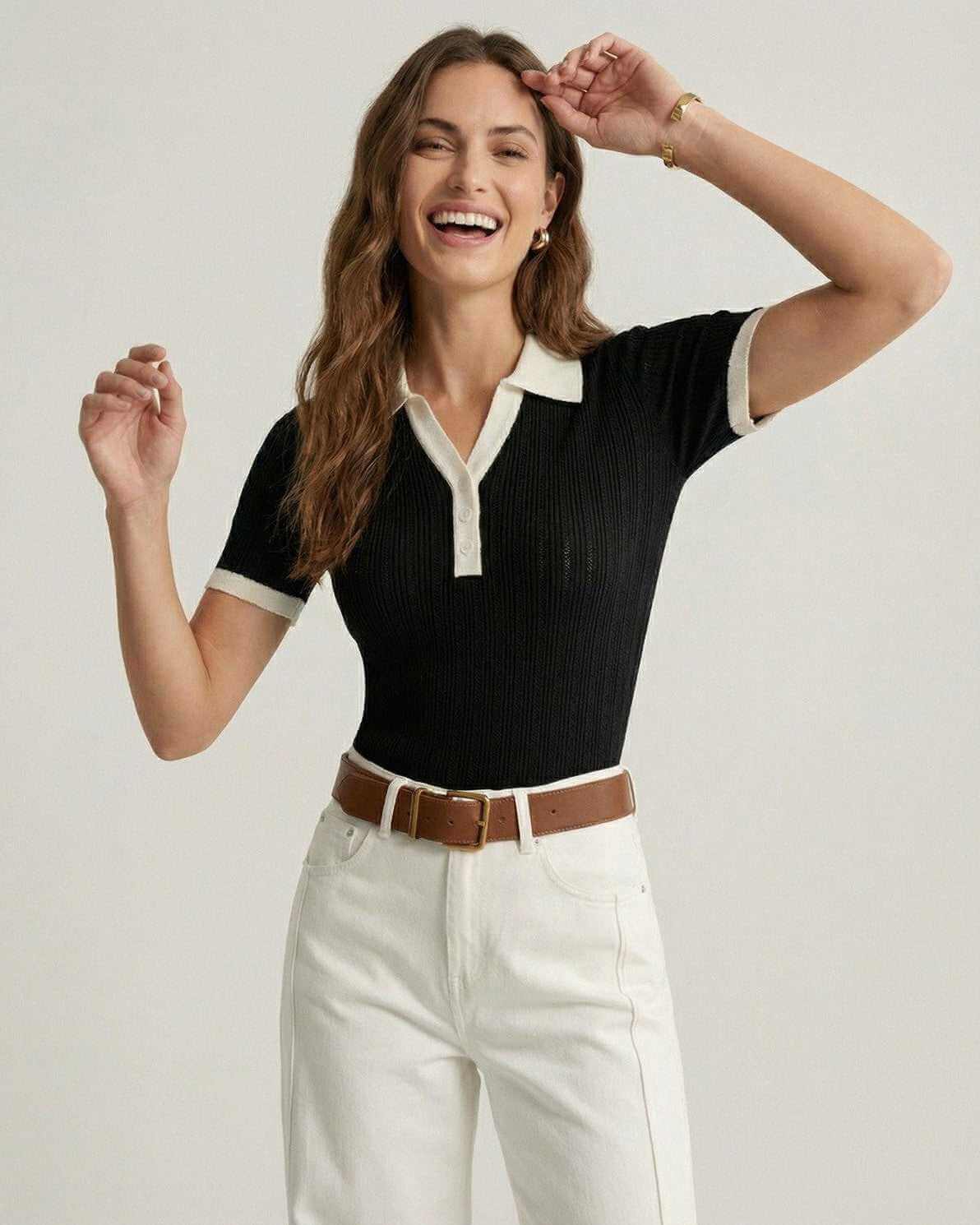 Siena Polo Shirt by Lauven – Women's black polo shirt with contrast trim, embodying refined style and comfort.
