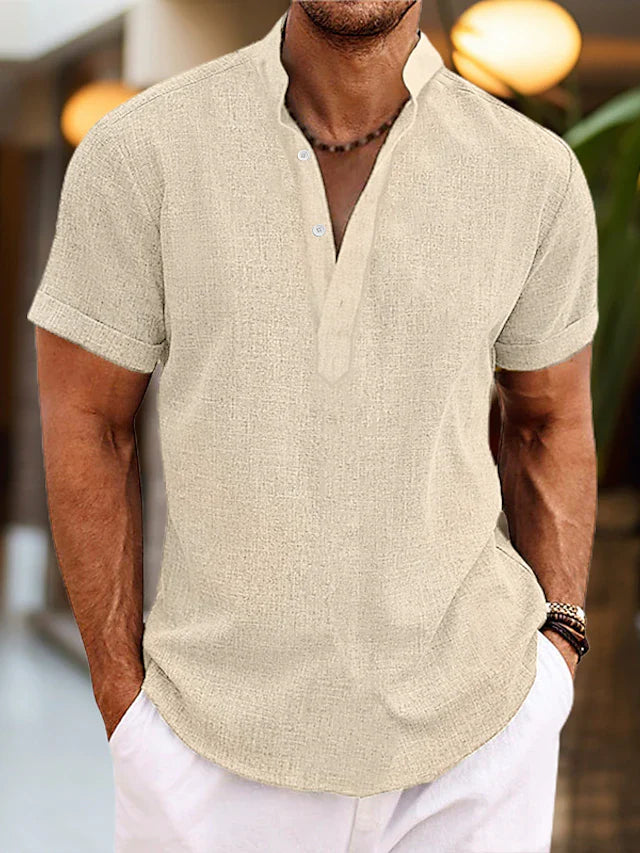 Camicia in Lino da Uomo Silas – Camicia Estiva Traspirante con Collo Henley e Maniche Corte