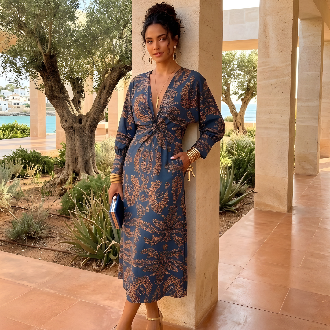 Carmen | Vestito Lungo Stampato Ospite di Nozze con Drappeggio