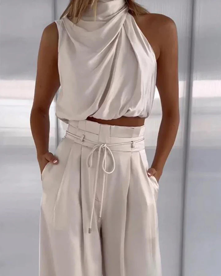 Set 2 Pezzi Donna: Top Halter Senza Maniche e Pantaloni a Gamba Larga