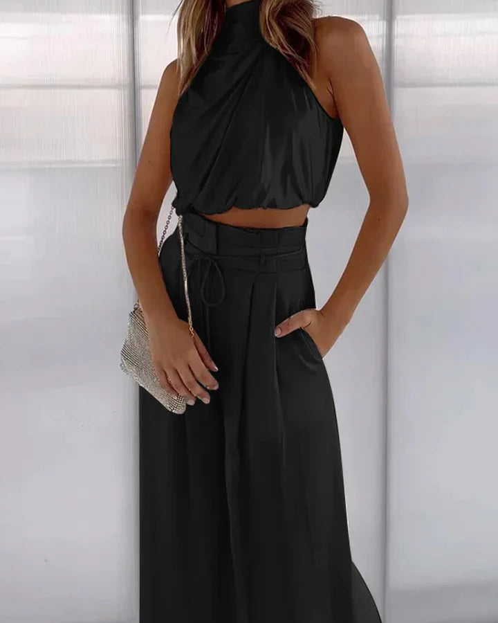 Set 2 Pezzi Donna: Top Halter Senza Maniche e Pantaloni a Gamba Larga